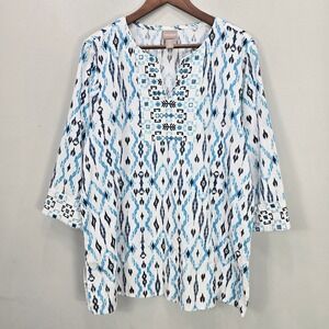 Chico's White Tunic Top 3 XL White Boho Embroidered Linen Blend Popover